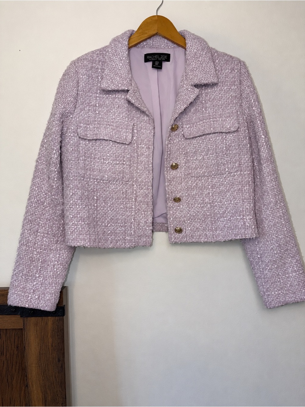 Rachel Zoe Lavender Tweed Cropped Jacket Size M Gold Button Bouclé Blazer